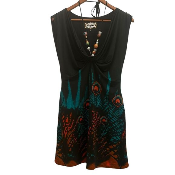 Meghan Los Angeles Women’s Peacock Bird Beaded Cinch Front Mini Dress Small - Picture 1 of 7